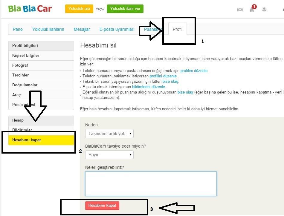 bla bla car hesap iptali